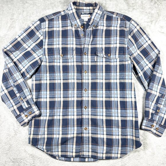 Carhartt Men’s L Blue Tan Plaid Long Sleeve Button Up Workwear Shirt - Picture 1 of 10